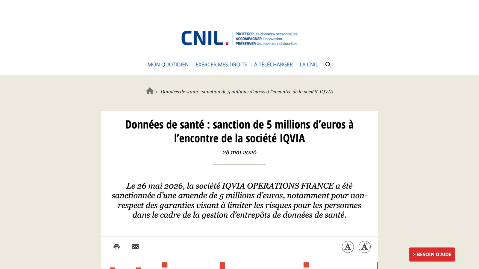 CNIL page « Données de santé : sanction de 5 millions d'euros à l'encontre de la société IQVIA », dated 28 May 2026