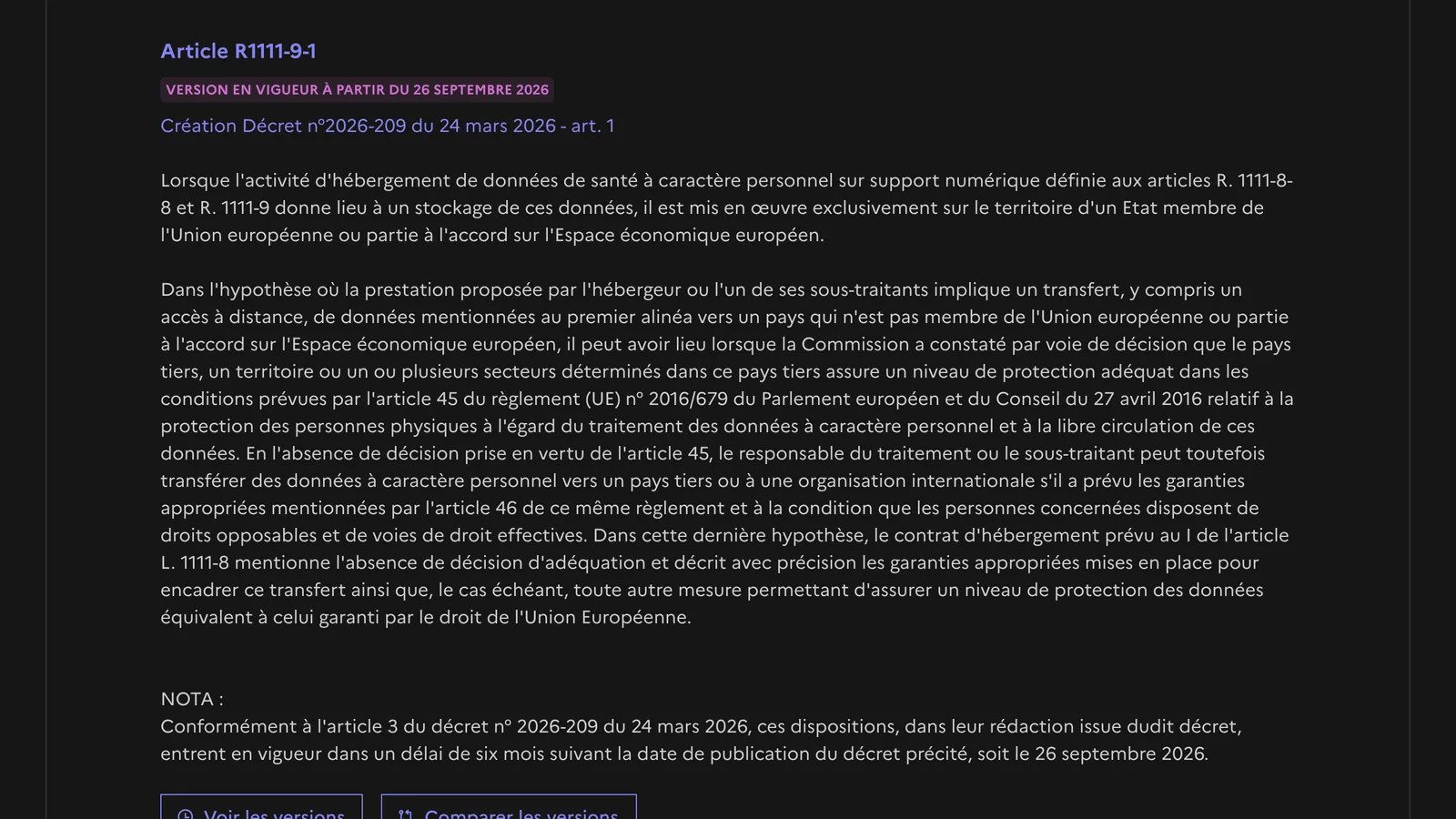 Légifrance page for article R1111-9-1 of the French Public Health Code, labelled « Version en vigueur à partir du 26 septembre 2026 », created by decree 2026-209 of 24 March 2026