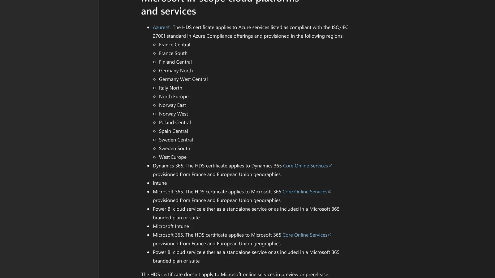 Microsoft Learn page « Microsoft in-scope cloud platforms and services »: the HDS certificate applies to Azure services listed as compliant with ISO/IEC 27001, in 14 regions including France Central and France South
