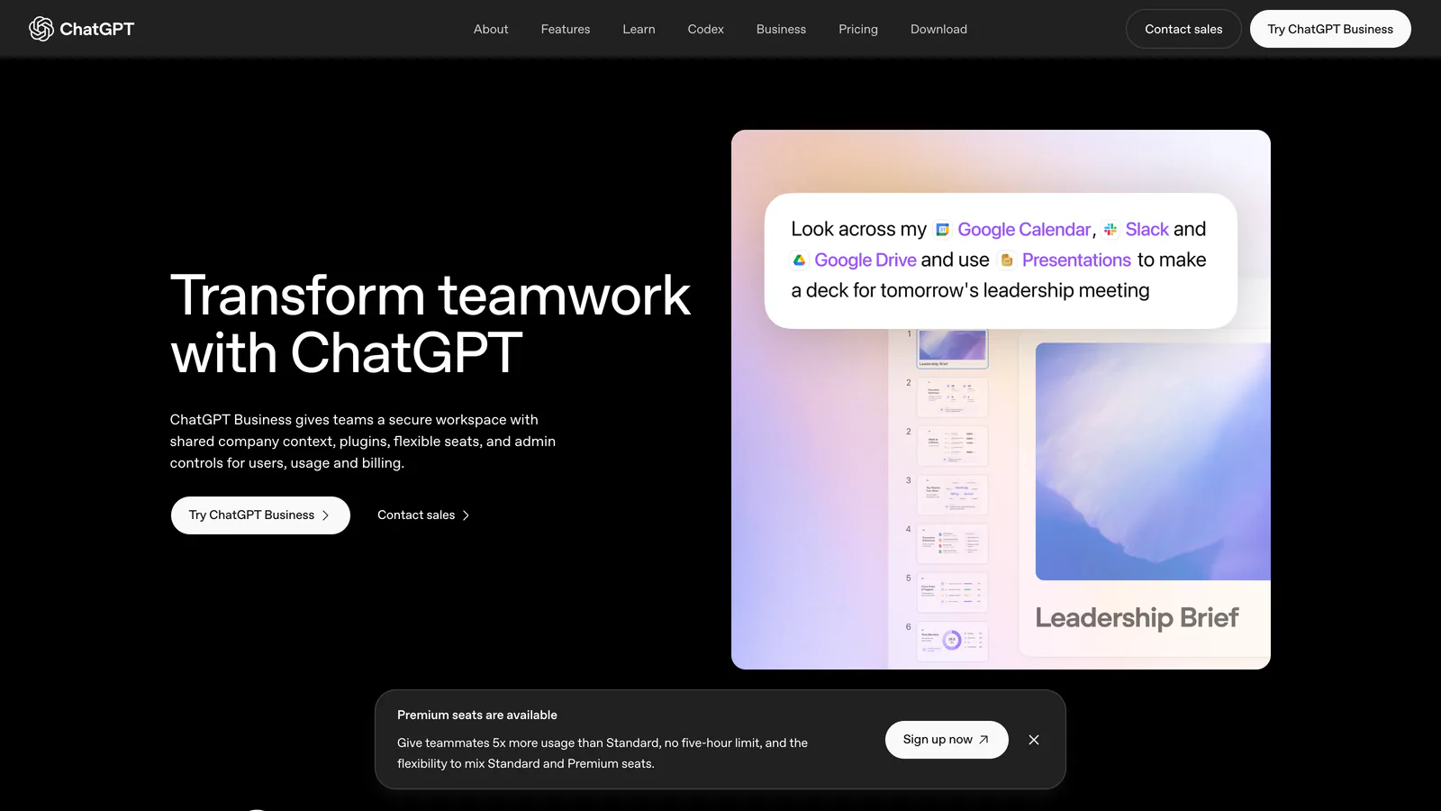 Page ChatGPT Business d'OpenAI : « Transform teamwork with ChatGPT »