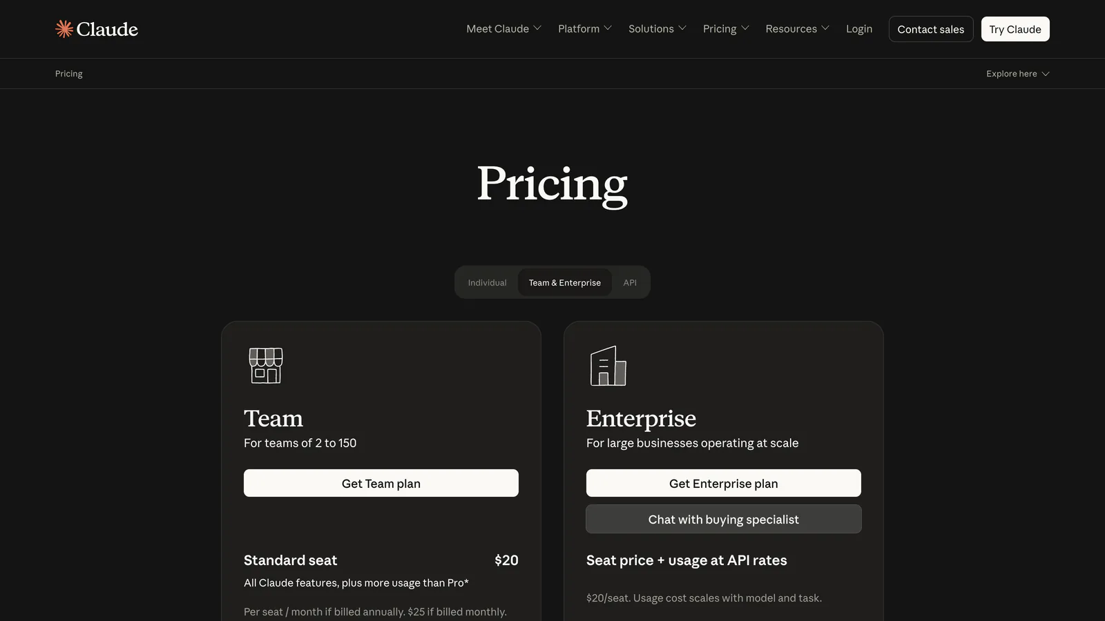Page tarifs de Claude, onglet Team & Enterprise, avec le siège Standard de l'offre Team à 20 $ par mois en facturation annuelle