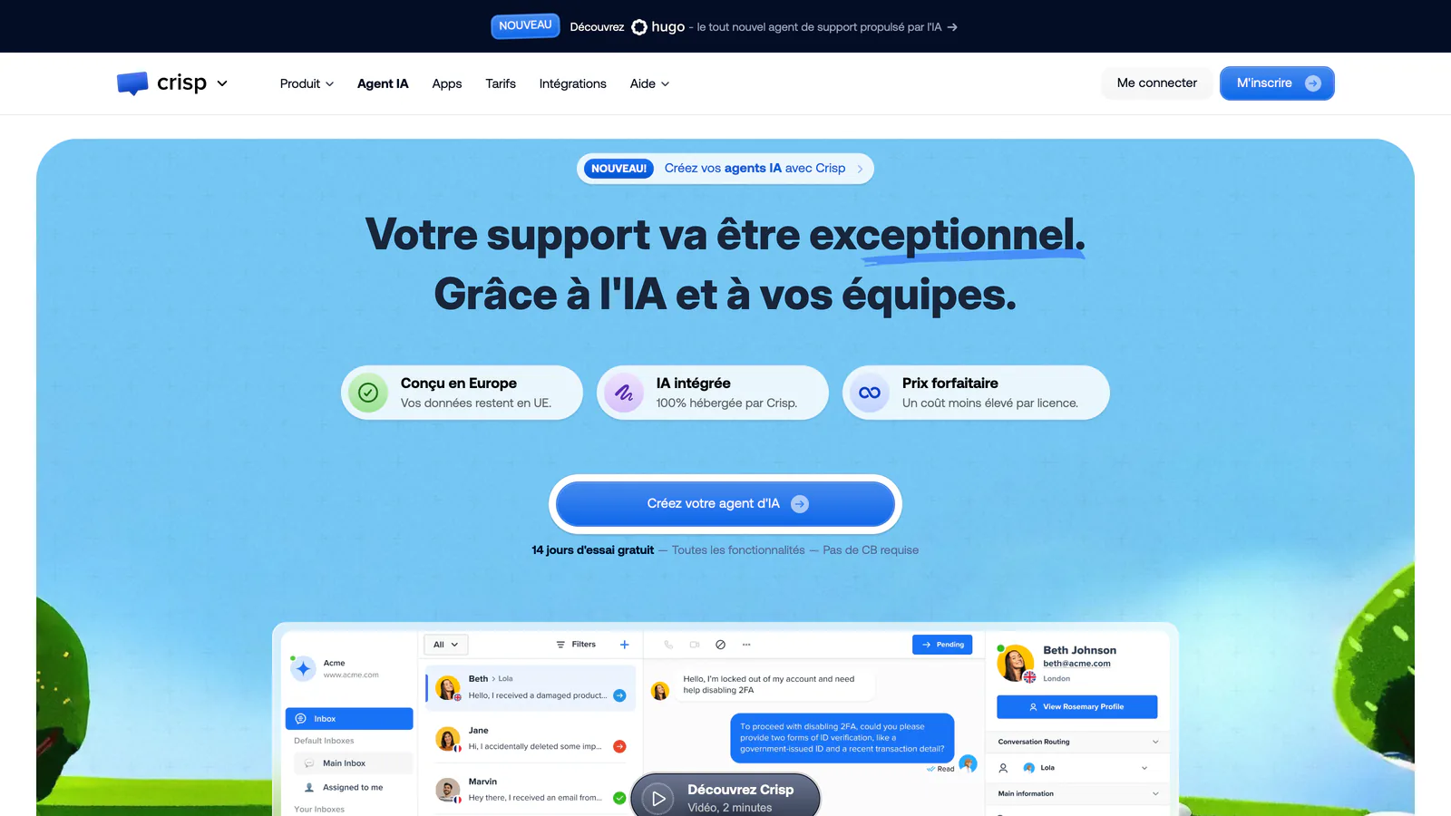 Page d'accueil de Crisp : « Votre support va être exceptionnel. Grâce à l'IA et à vos équipes. »
