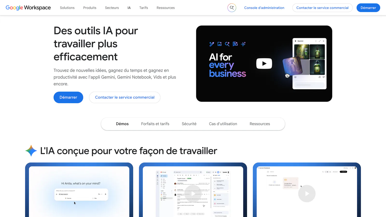 Page Google Workspace consacrée à l'IA : « Des outils IA pour travailler plus efficacement »