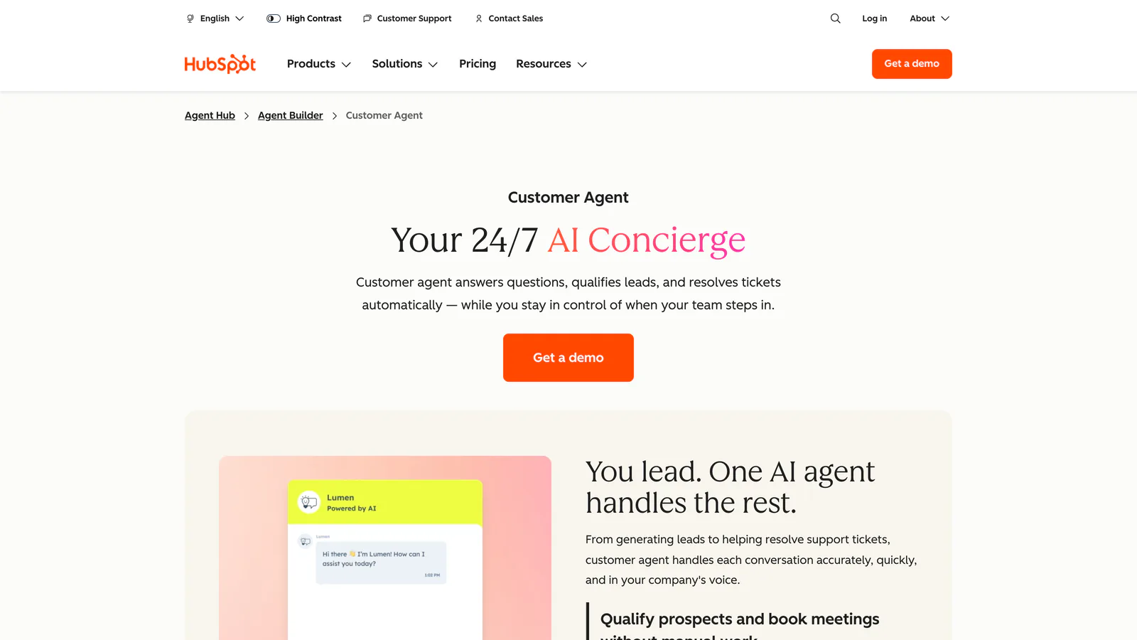 Page Customer Agent de HubSpot : « Your 24/7 AI Concierge »