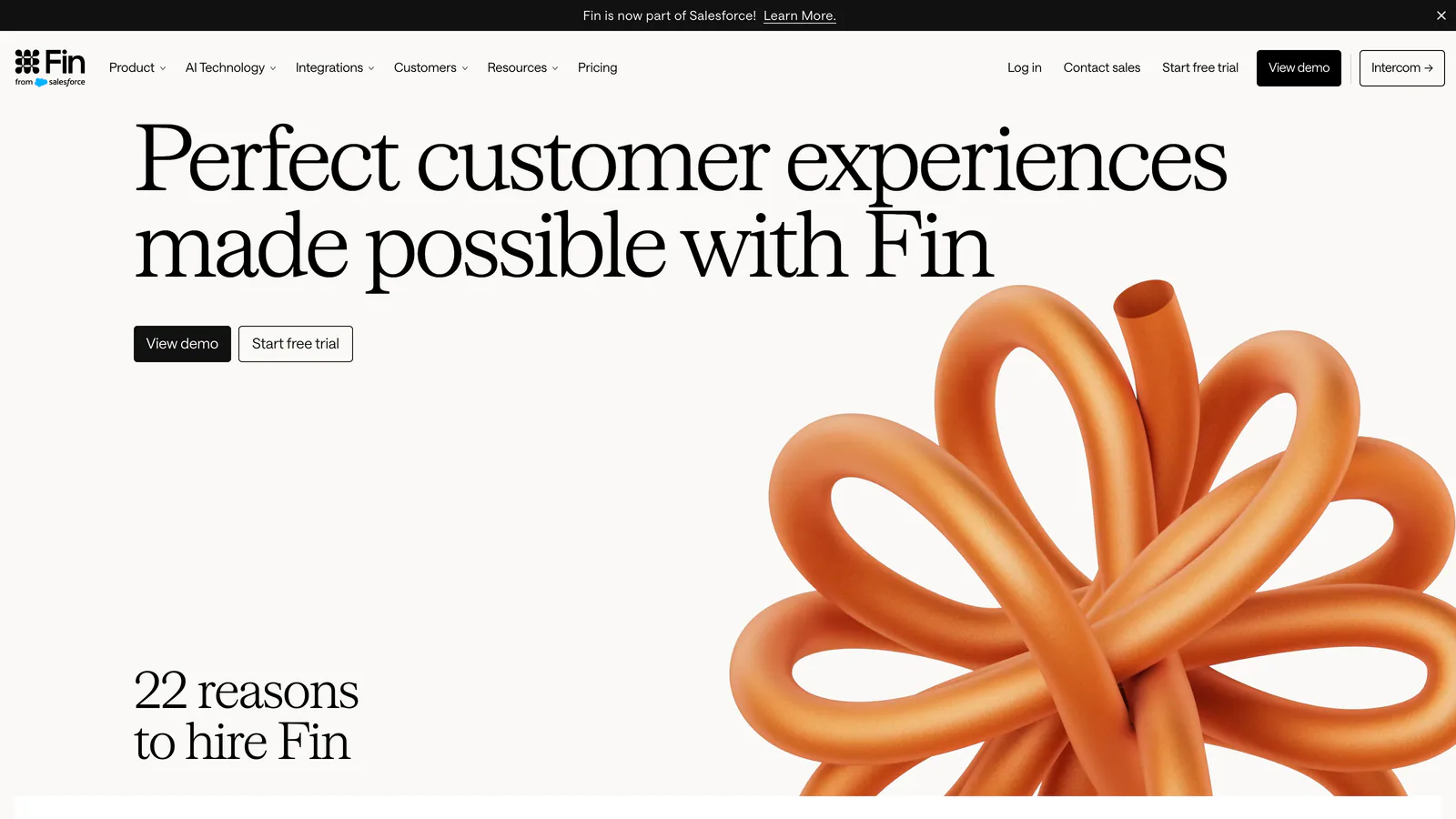 Page d'accueil de Fin, anciennement Intercom : « Perfect customer experiences made possible with Fin »