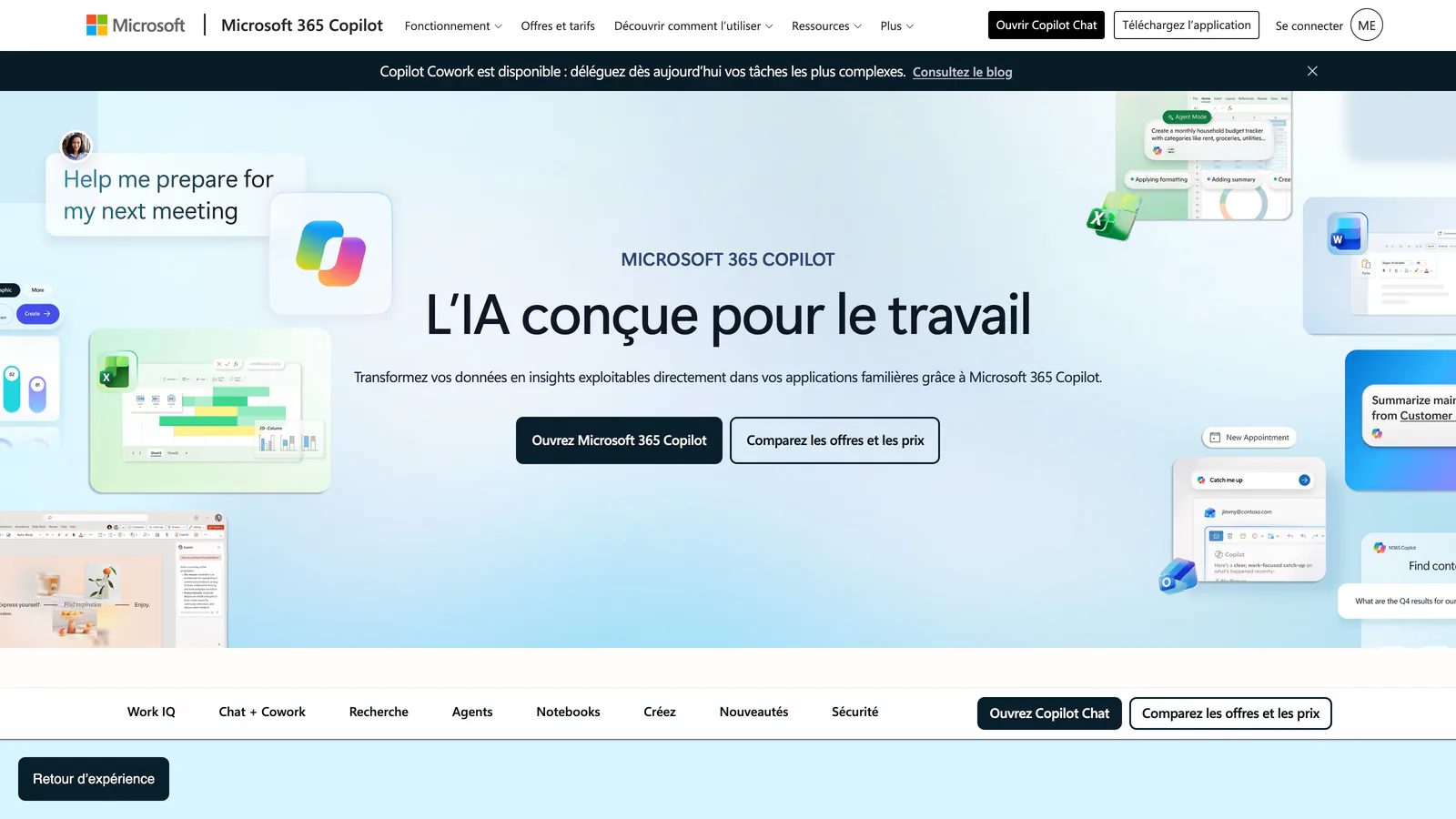 Page Microsoft 365 Copilot : « L'IA conçue pour le travail »