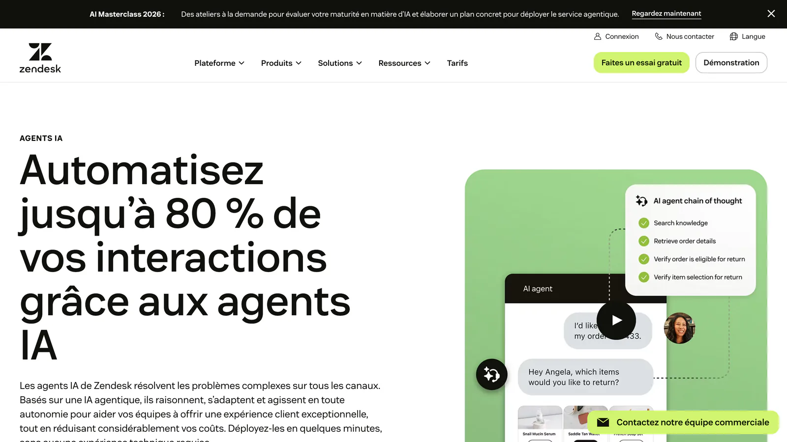 Page Zendesk sur les agents IA : « Automatisez jusqu'à 80 % de vos interactions grâce aux agents IA »