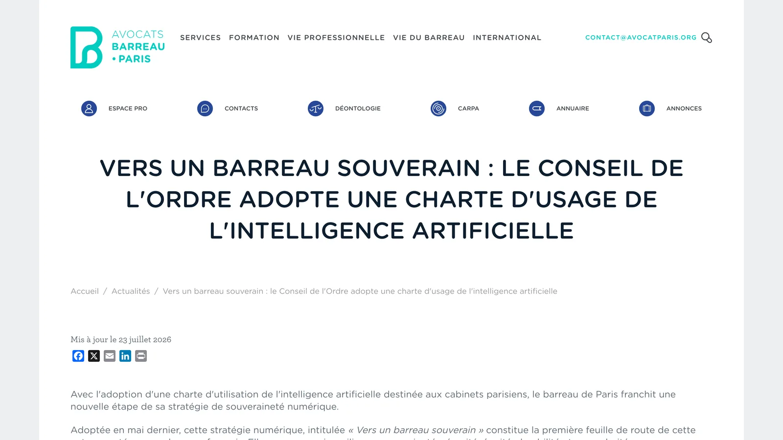 Paris bar page headlined "Vers un barreau souverain : le Conseil de l'Ordre adopte une charte d'usage de l'intelligence artificielle", updated 23 July 2026