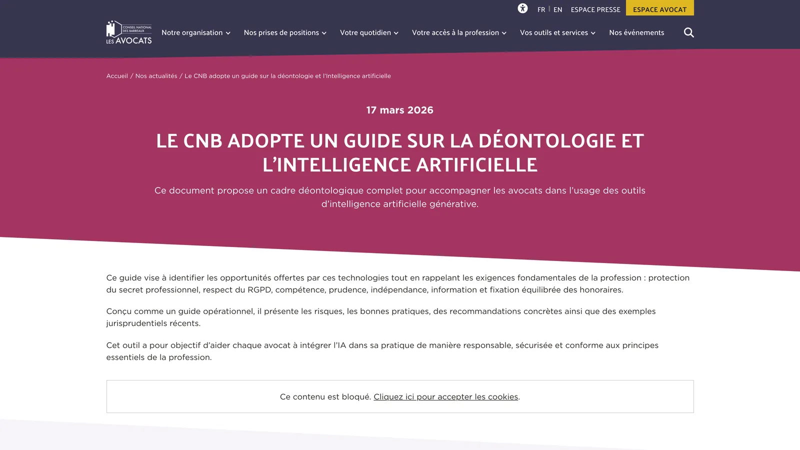CNB news page dated 17 March 2026, headlined "Le CNB adopte un guide sur la déontologie et l'intelligence artificielle", listing the requirements covered