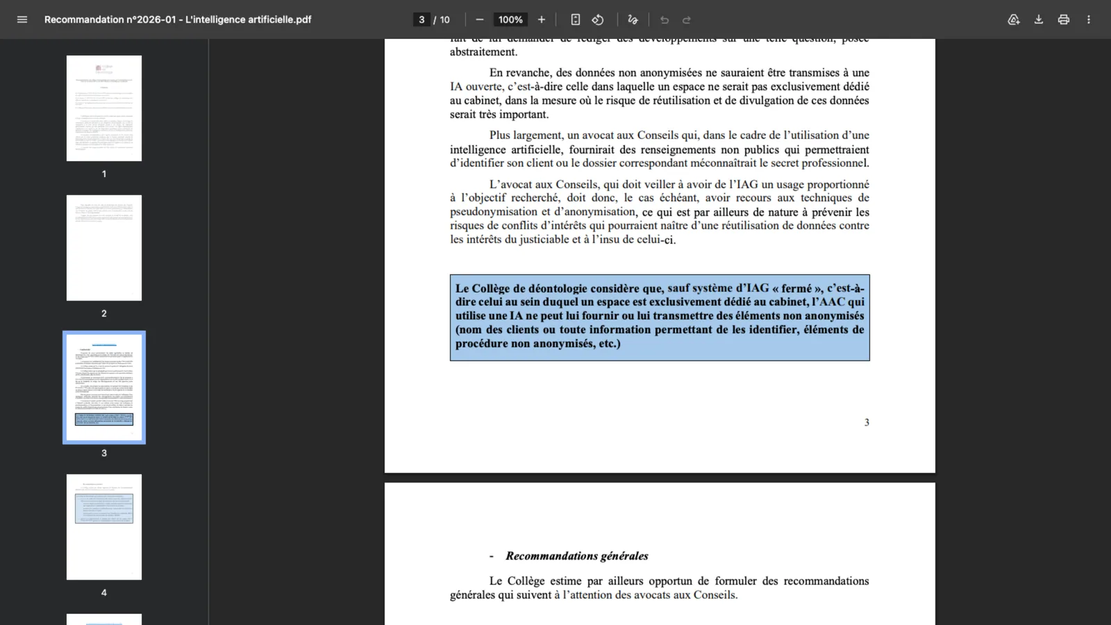 Page 3 of recommendation no. 2026-01 of the Collège de déontologie des avocats aux Conseils, with the boxed rule on closed generative AI systems and non-anonymised data