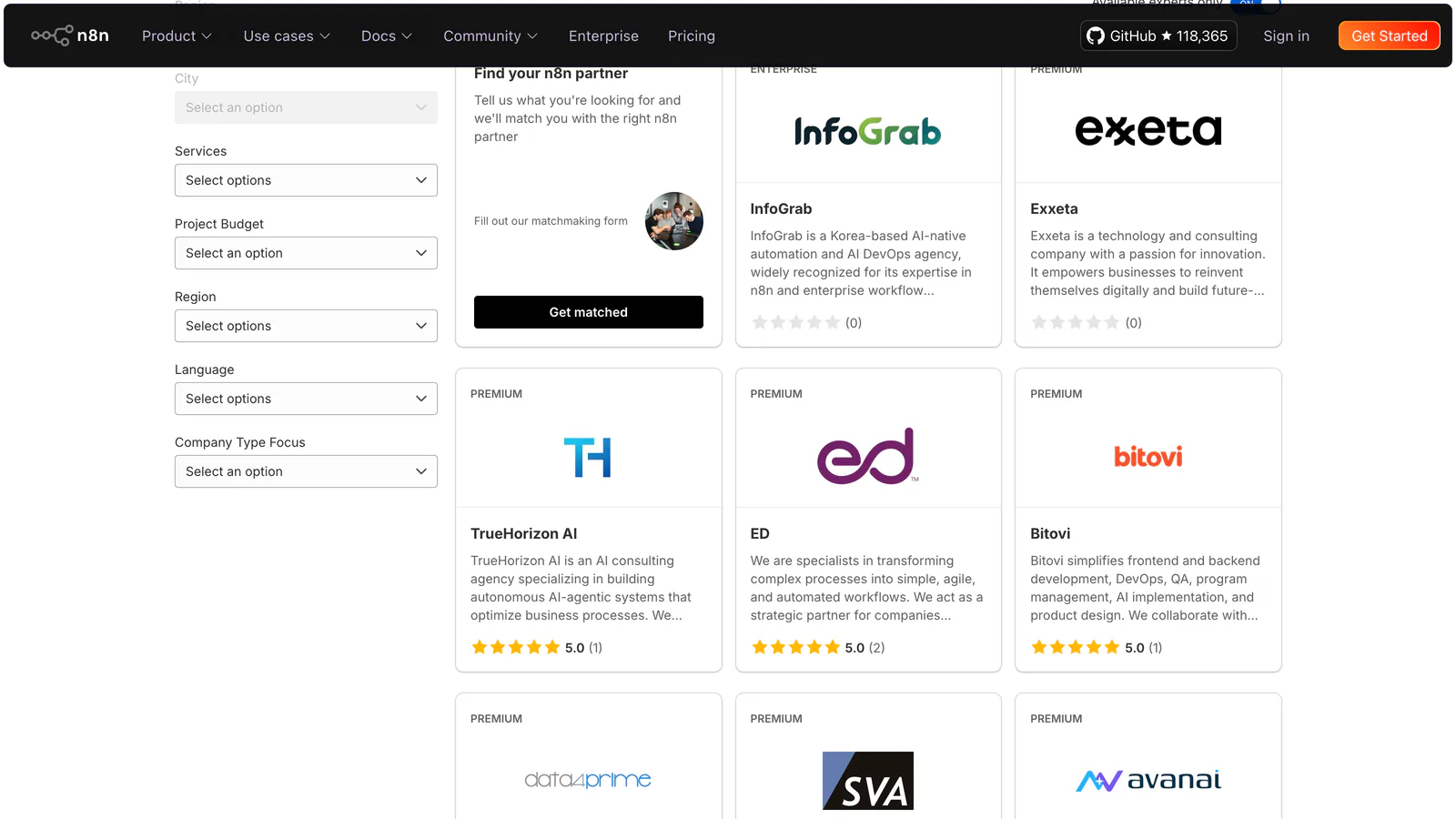 n8n experts directory showing the Enterprise, Premium and Select tier badges on partner listings