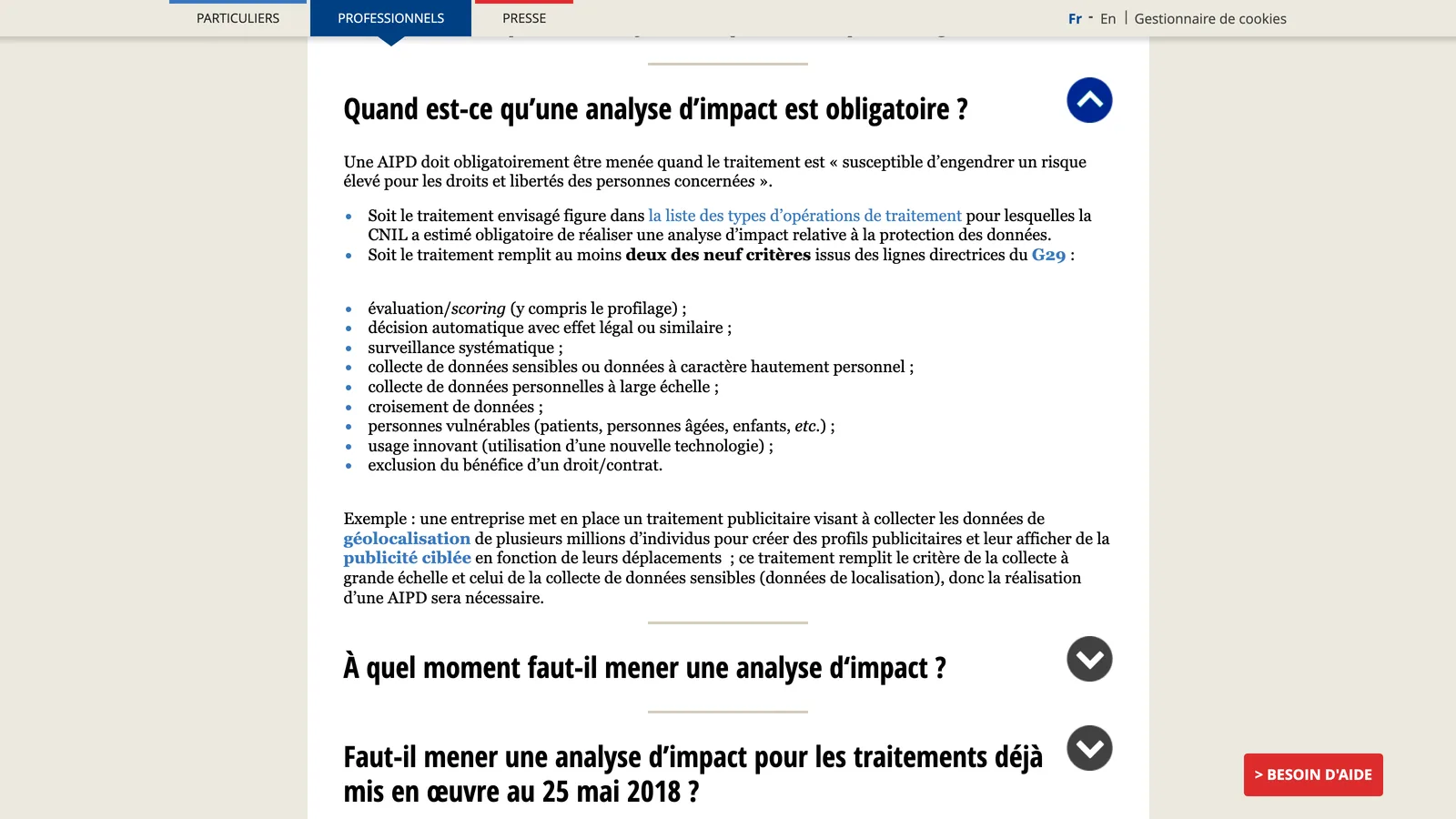 Page CNIL « Quand est-ce qu'une analyse d'impact est obligatoire ? » listant les deux conditions et les neuf critères du G29
