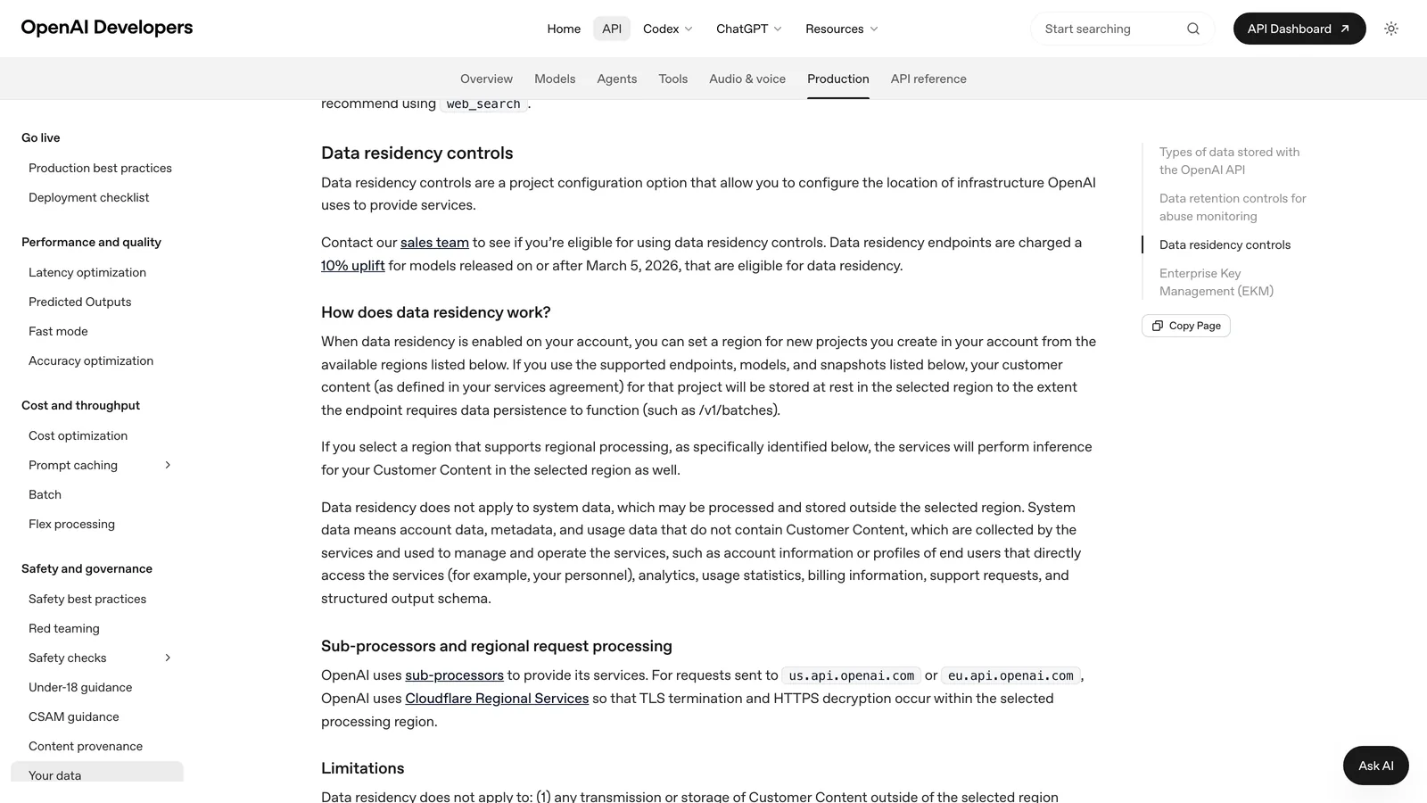 Page « Data controls in the OpenAI platform », section « Data residency controls » mentionnant une majoration de 10 % pour les modèles sortis à partir du 5 mars 2026
