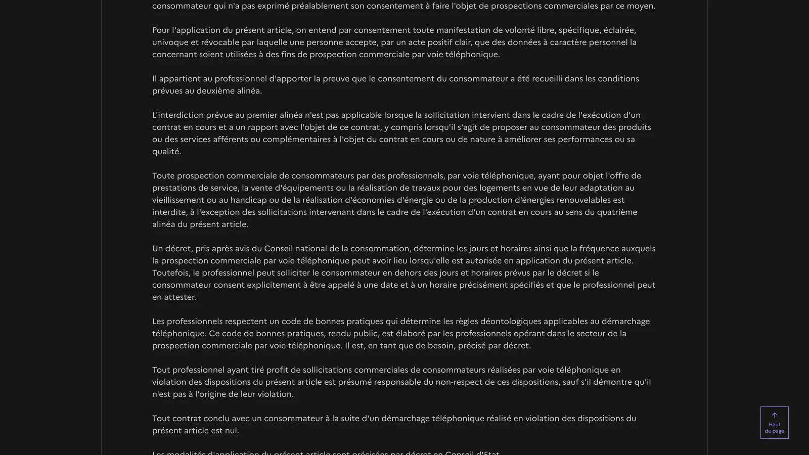 Texte de l'article L223-1 du Code de la consommation sur Légifrance, version en vigueur au 11 août 2026 : définition du consentement, preuve à la charge du professionnel, exception du contrat en cours, nullité du contrat conclu après un démarchage illicite