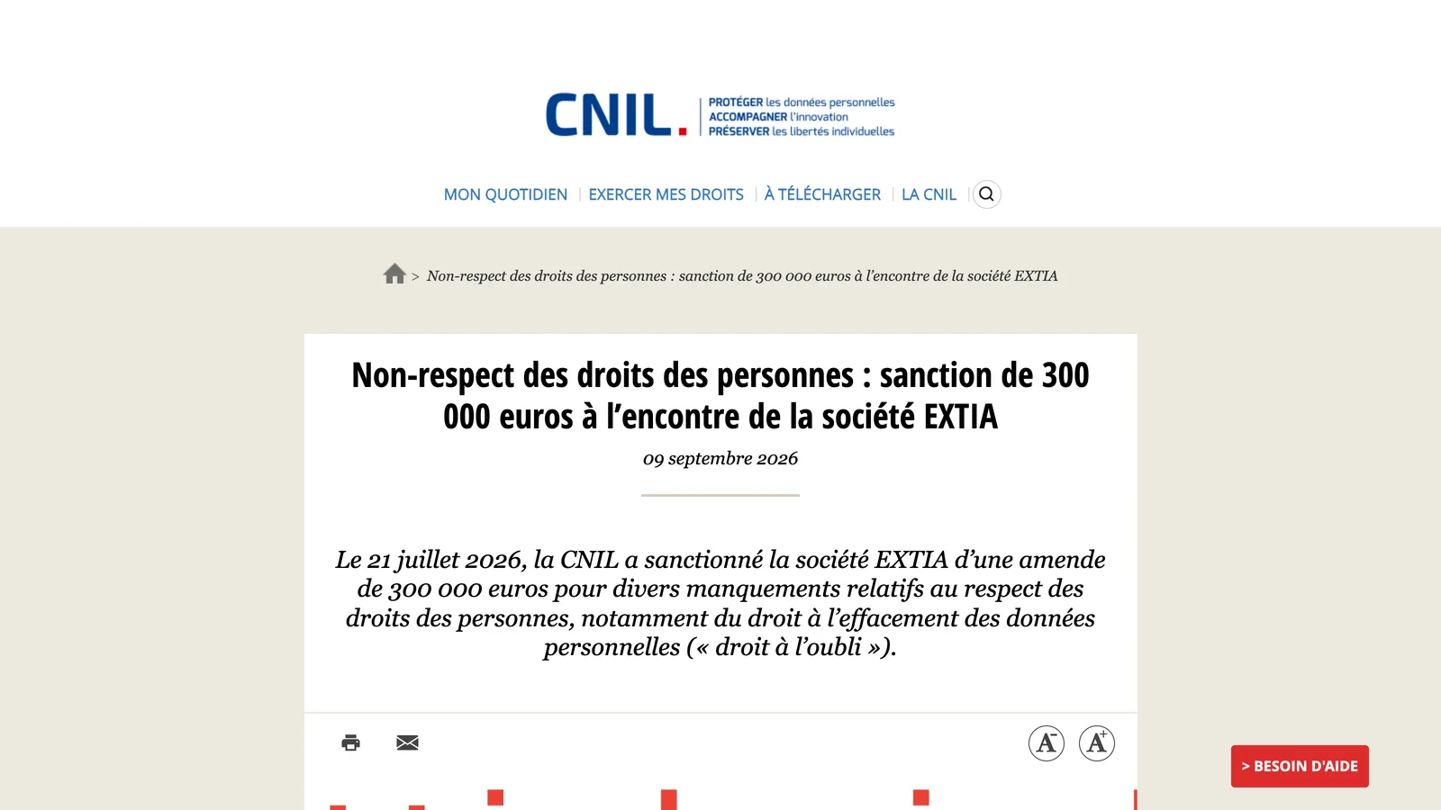 CNIL page « Non-respect des droits des personnes : sanction de 300 000 euros à l'encontre de la société EXTIA », dated 9 September 2026